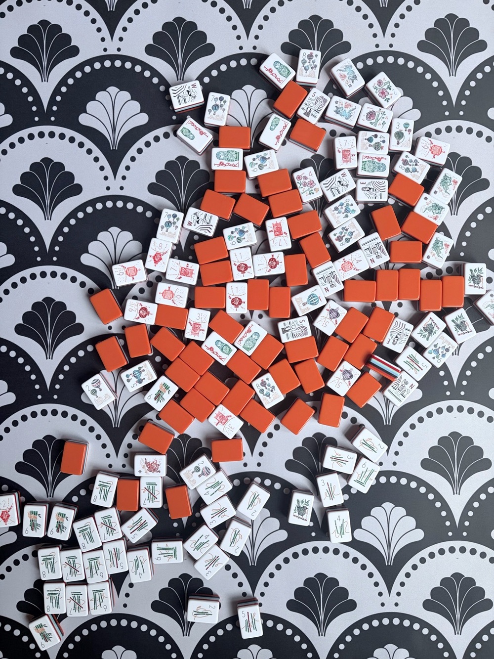 NEW Mahjong Mat - Neoprene- Black & White Art Deco Pattern